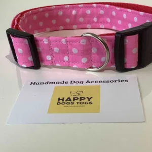 Largedogcollarinpinkwithwhitepolkadots. Happy Dogs Togs1