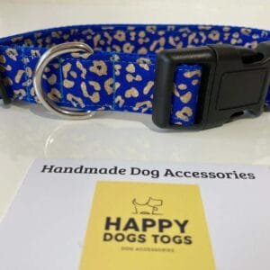 Largedogcollarinbluewithgoldpattern Happy Dogs Togs1