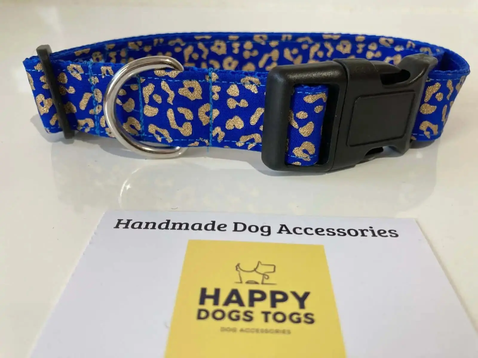 Large dog collar in Blue with Gold Pattern