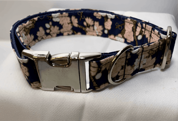 Navy Blue With Peach Oriental Floral Design Dog Collar - Image 4