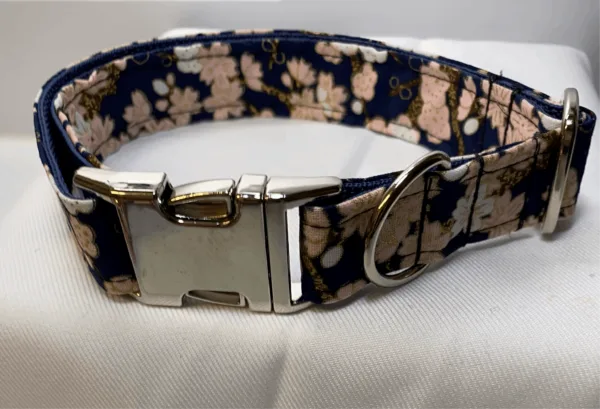Navy Blue With Peach Oriental Floral Design Dog Collar - Image 4