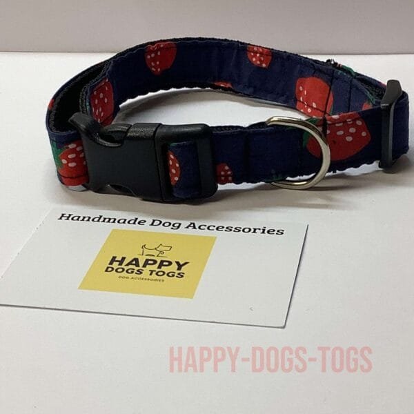 Medium Handmade Dog Collar In Navy Blue With Strawberries