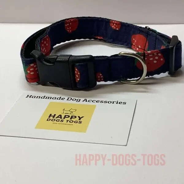 Medium Handmade Dog Collar In Navy Blue With Strawberries