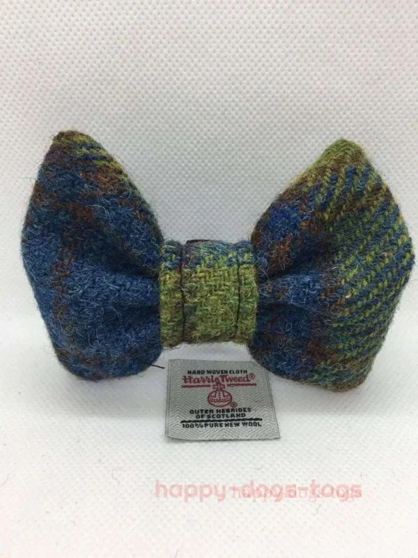 Raspberry, Lime , Blue Check Harris Tweed Dog Bow Tie