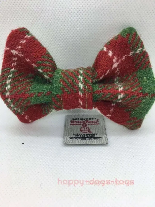 Red, Green And White Check Harris Tweed Dog Bow Tie