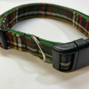 Handcrafted Tartan Dog Collar In Khaki Green Tartan