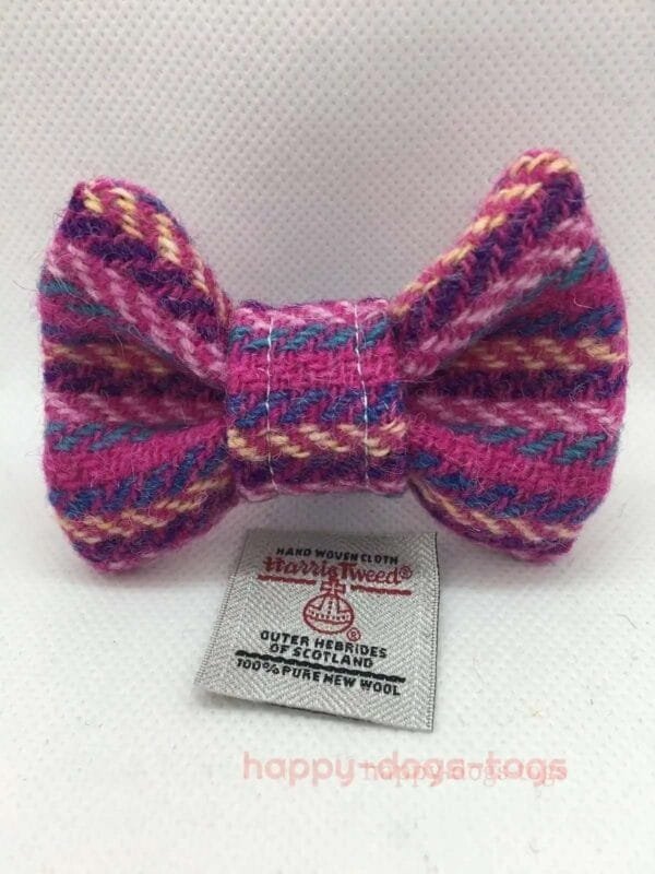 Small Harris Tweed Dog Dickie Bow Pink Multi Stripe