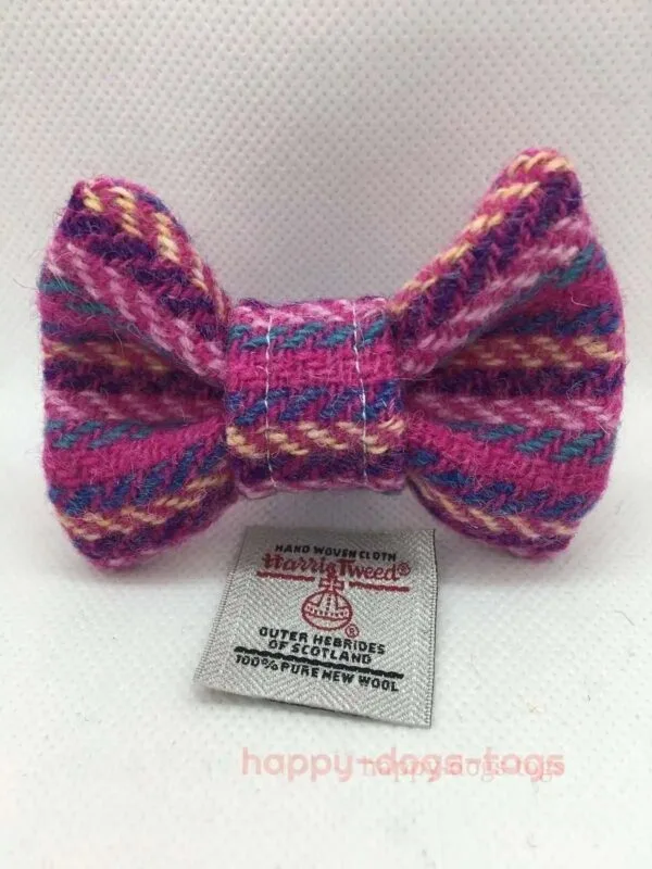 Small Harris Tweed Dog Dickie Bow Pink Multi Stripe