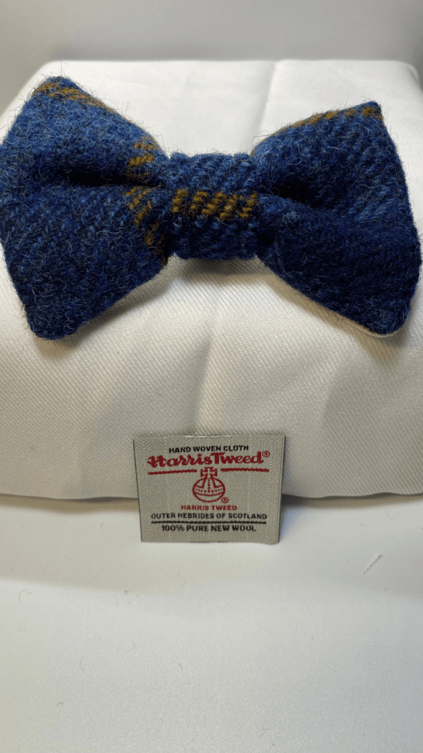 Dark Blue And Gold Harris Tweed Dog Bow Tie - Image 2