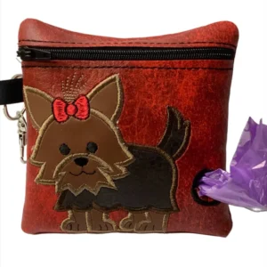 Yorkshireterrierpoobagdispenserembroideredinredfauxleather Happy Dogs Togs1