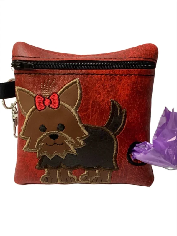 Yorkshire Terrier Poo Bag Dispenser Embroidered In Red Faux Leather