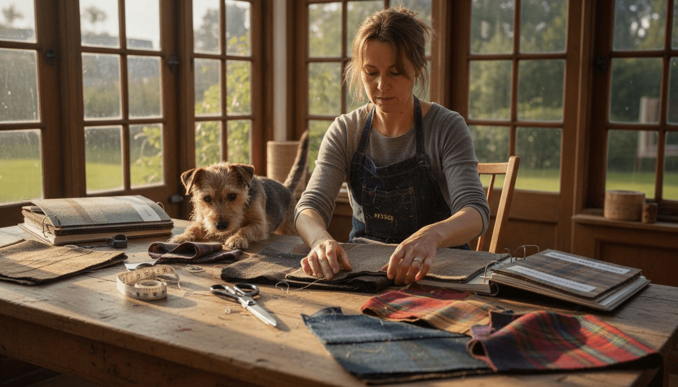 Artisan sorting Harris Tweed fabric for dog accessories