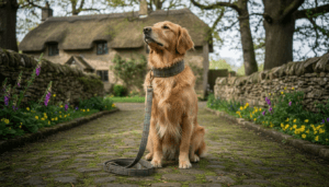 Golden retriever wearing Harris Tweed collar