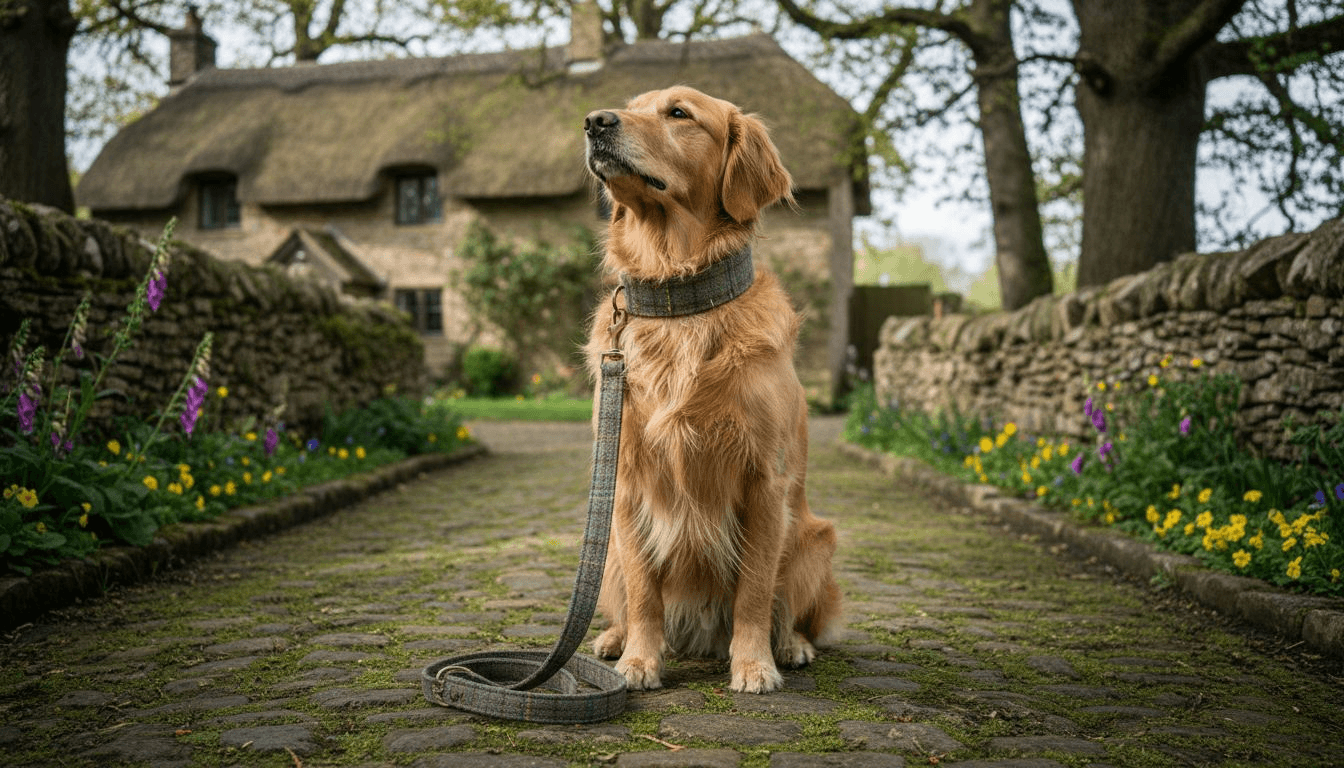 Golden retriever wearing Harris Tweed collar