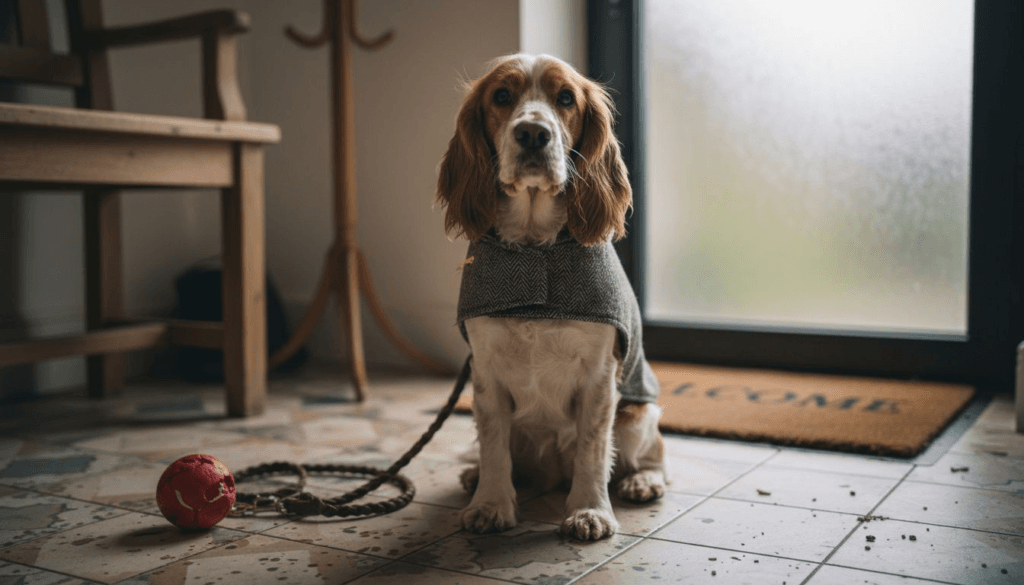 Dog in Harris Tweed coat by cottage entryway
