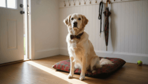 Dog wearing tartan collar and bow tie in mudroom