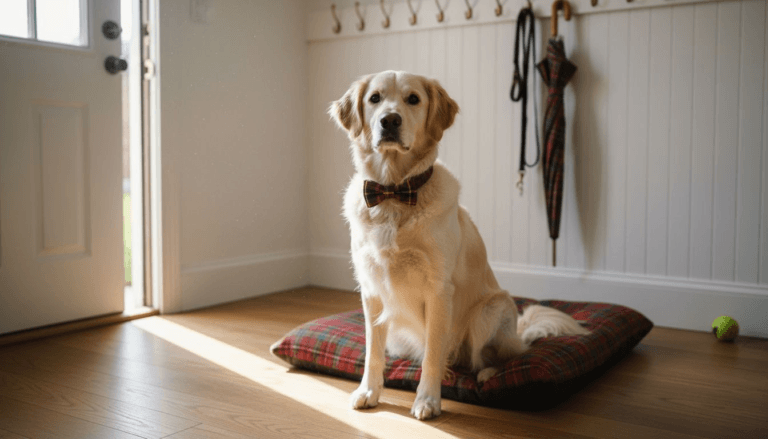 Dog wearing tartan collar and bow tie in mudroom