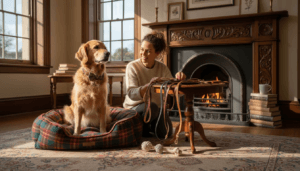 Dog wearing handcrafted accessories in British home