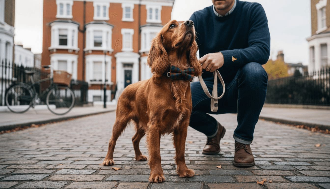 Spaniel with tweed collar and bow tie in London street