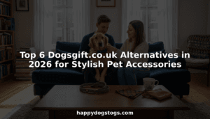 Couple fitting stylish dog collar on sofa