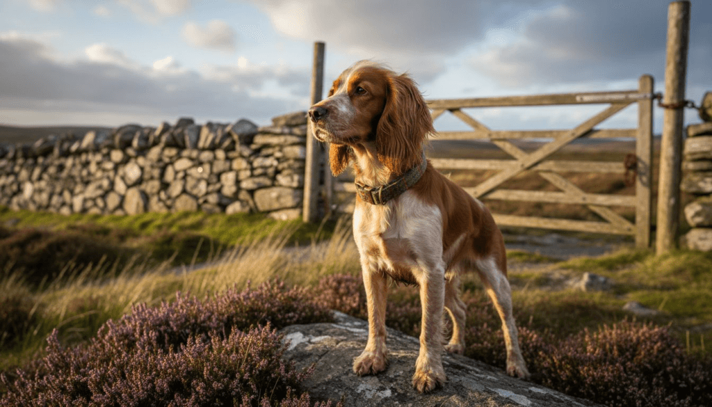 Dog on moor wearing Harris Tweed collar