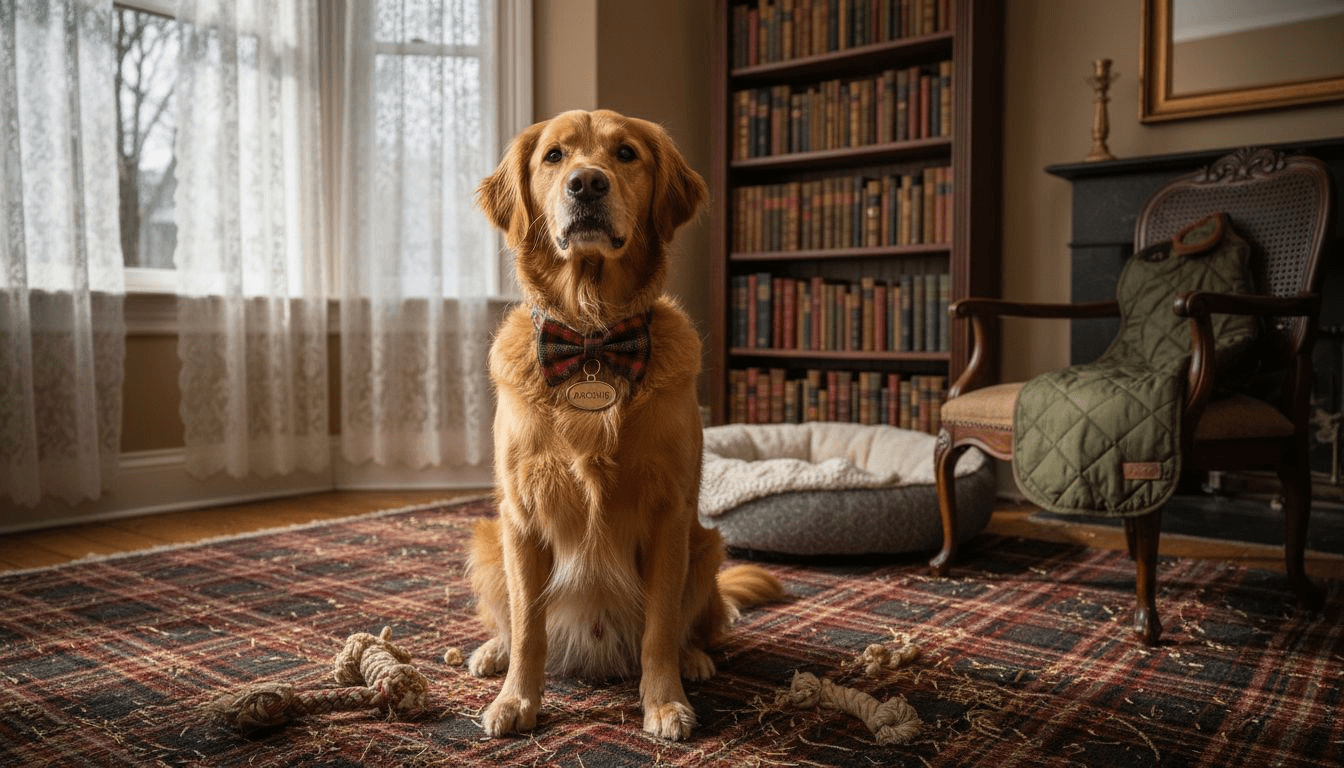 Stylish dog with accessories in cozy British home