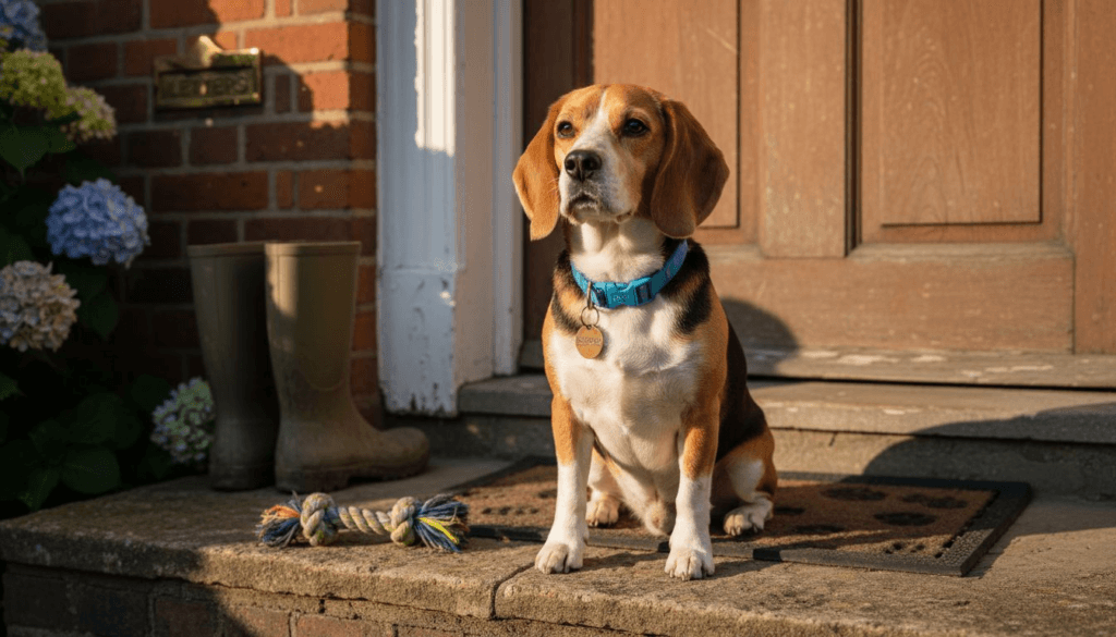 Beagle wearing adjustable collar on doorstep