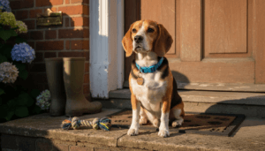 Beagle wearing adjustable collar on doorstep