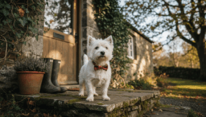 Westie wearing tartan collar at Scottish cottage