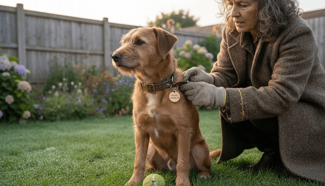 Owner attaches tag to tartan dog collar