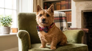 Dog wearing a handmade Scottish tartan bow tie over a matching collar from Happy Dogs Togs