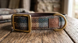 Harris Tweed dog collar showing traditional woven wool texture — hand-made in Scotland