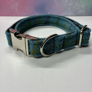 Teal Check Harris Tweed dog collar