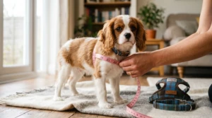 Measuring a puppy's chest to find the right size for a puppy collar and harness set