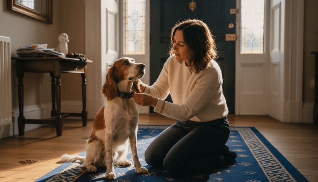 Woman fitting Harris tweed dog collar