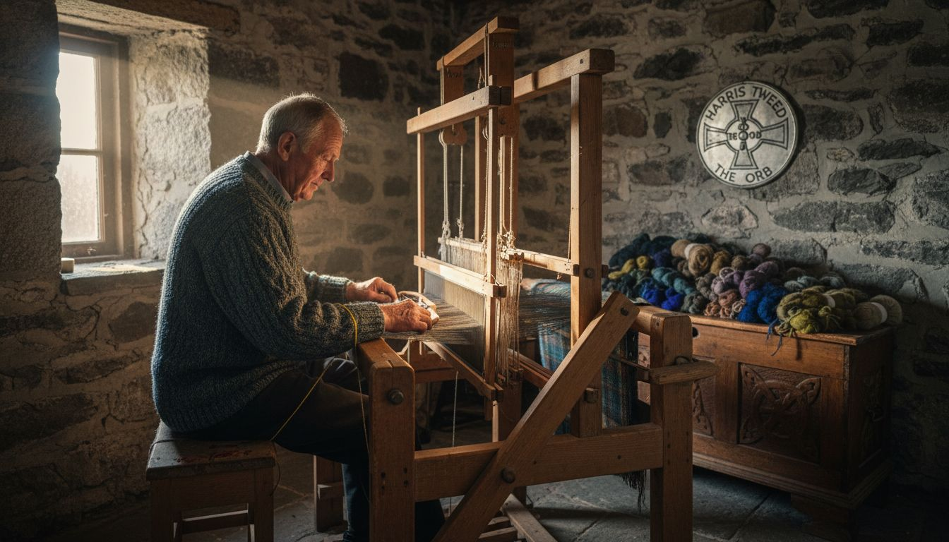 Artisan weaving Harris Tweed in island cottage