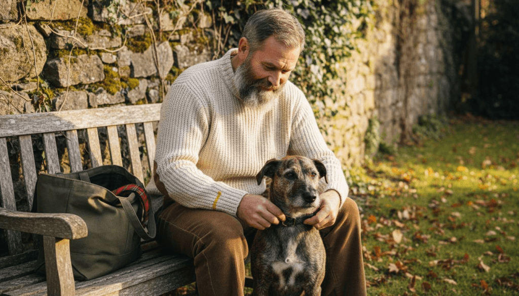 Man fitting Harris Tweed collar on terrier in garden