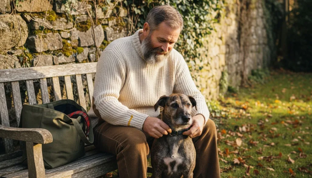 Man fitting Harris Tweed collar on terrier in garden