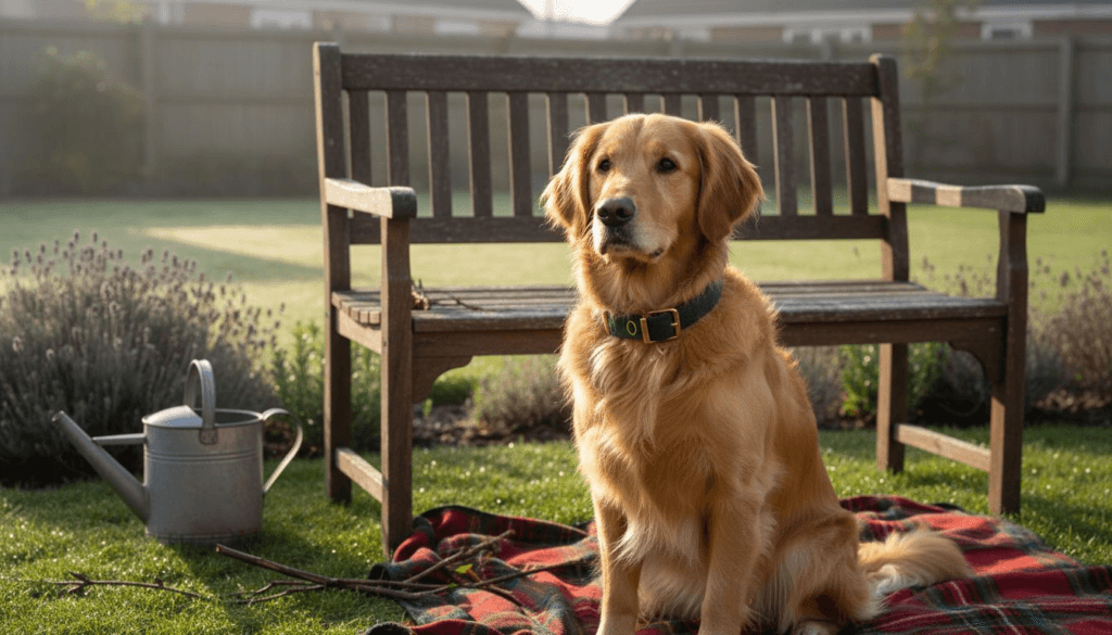 Golden retriever wearing Harris Tweed collar in garden