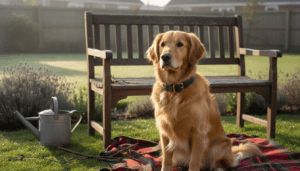 Golden retriever wearing Harris Tweed collar in garden