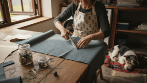 Woman cutting Harris Tweed for dog collar