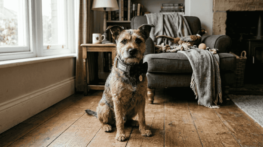 Dog wearing premium collar and bow tie