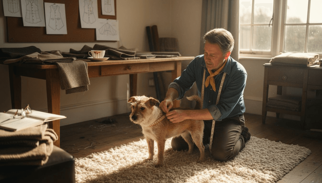 Tailor measuring small dog for custom clothing