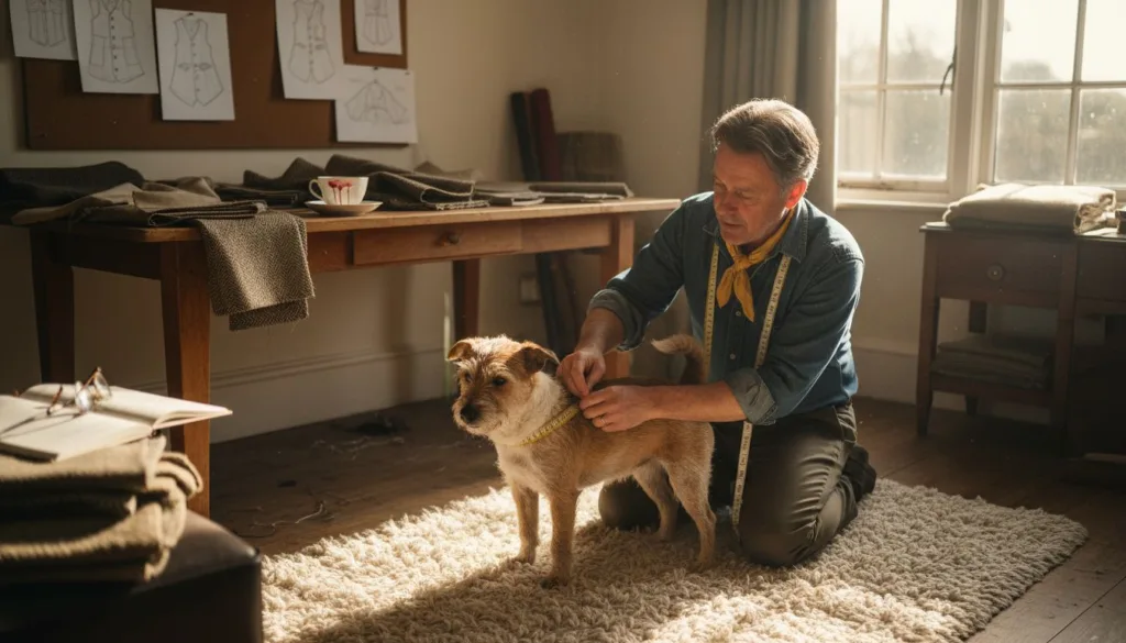 Tailor measuring small dog for custom clothing