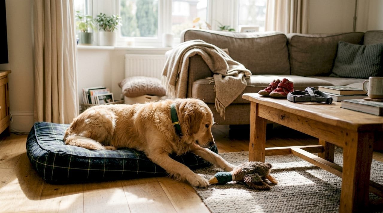 Dog relaxing comfortably with daily accessories
