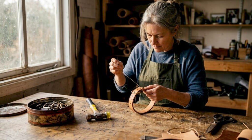 Artisan hand-stitching leather dog collar at workbench