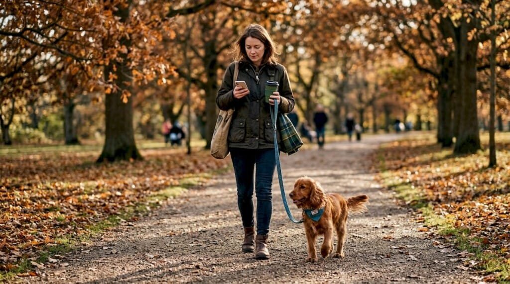 Woman and dog in matching tweed accessories