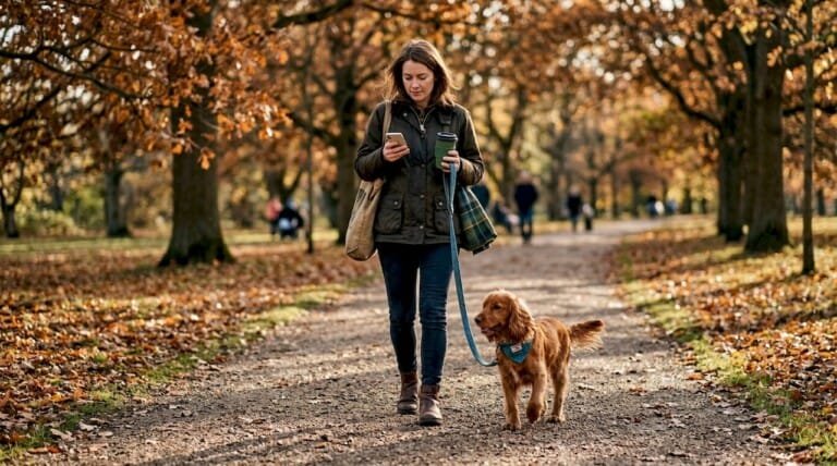 Woman and dog in matching tweed accessories